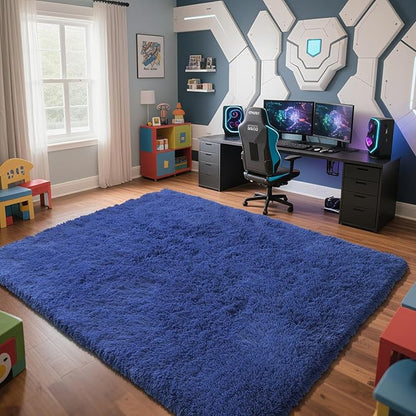 Blue Fluffy Rug Shag Area Rug, 9x12 Area Rugs for Girls Bedroom, Big Soft Shag Bedside Non-Slip Plush Dorm Nursery Kids Carpet Home Decor Aesthetic