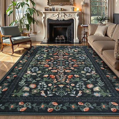 Lahome Black Floral Washable Area Rug 8x10, Vintage Non Slip Stain Resistant Carpet for Living Room Bedroom, Low-Pile Soft Boho Rug for Dining Room Office, Machine Washable Home Decor, Black