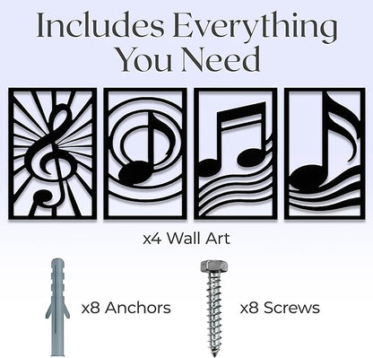 GALLERY GRACE Metal Wall Art Decor – 11" x 16" Set of 4 Single Line Abstract Wall Art for Living Room, Office, or Studio – Modern Minimalist Black Wall Decor with Music Note and Symbol Panels