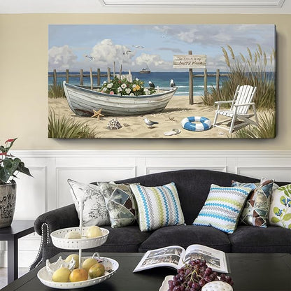 Extra Large Coastal Living Room Wall Art, Featuring A Printed Seaside Landscape, Boats, Beach Chairs, Seagulls, And Natural Wall Decor. A Modern Coastal Artwork For Bedrooms, Dining Rooms, Entryways, And Lounges. 58X29 Inches.