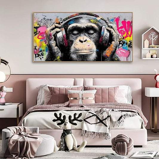 Sorbrozo DJ Gorilla with Headphones - Urban Street Graffiti Canvas Wall Art Colorful Animal Painting for Boys Room Music & Hip Hop Wall Decor Modern Home Art Print 30x58in