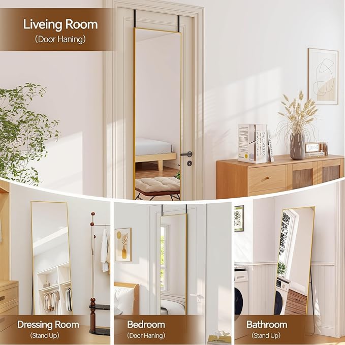 NARCISSUS 57x16 Mirror Door Hanging Full Length Body with Floor Stand or Wall Mounted Metal Aluminum Frame Tempered Glass Rectangle Mirrors for Bedroom Dressing Living Room Bathroom 57 inch Gold
