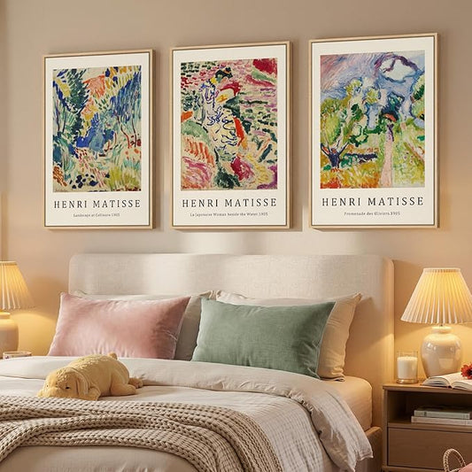 Large Framed Matisse Wall Art for Living room, Set of 3 Colorful Abstract Landscape Canvas Artwork for Walls, Retro Vintage Matisse Famous Paintings Prints Pictures for Bedroom, Hallway Home Office, Total Size 30x60