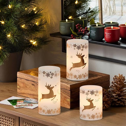 Wondise Flameless Flickering Candles with 6H Timer, Gold Deer Christmas Battery Operated Candles 3 Pack Real Wax Warm Light LED Pillar Candles for Christmas Dinner Tabletop Holiday Decor 3" x 6"