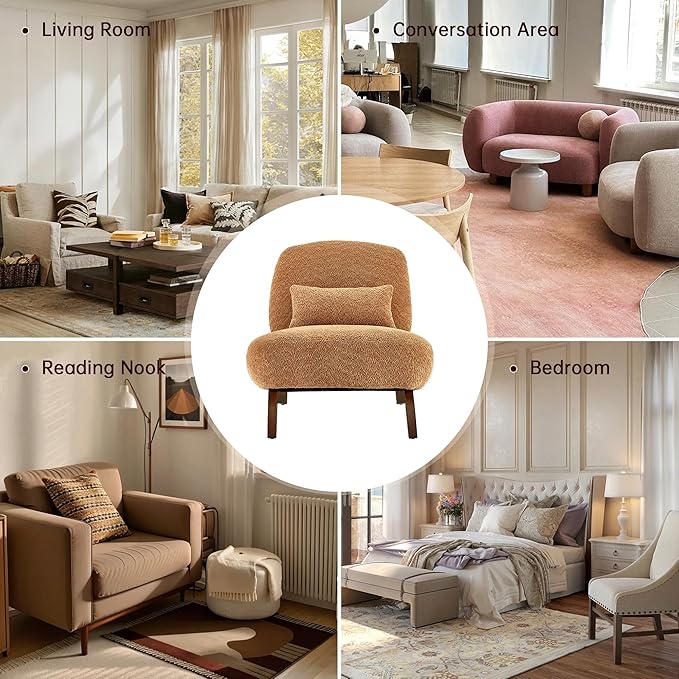 Morden Fort Boucle Chair, Upholstered Accent Chair Tilted Wooden Leg with Durable Comfy Boucle Pet-Friendly Thick Cushion & Pillow Armless Modern Chairs for Living Room Bedroom Reading, Toffee Orange