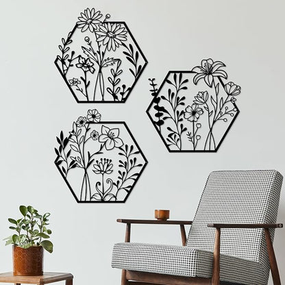ESTART 3 Pcs Metal Flower Wall Decor Minimalist Floral Wall Hanging Decor Metal Flower Rustic Floral Art for Spring Bedroom Bathroom Living Room Kitchen Dining Room Decoration (Black)