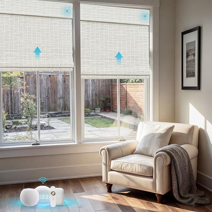 Motorized Bamboo Roman Shades, Motorized Blinds with Remote Compatible with Homekit, Alexa GoogleHome, Smart Wood Woven Shades for Indoor Windows, Customize, Glacier Frame