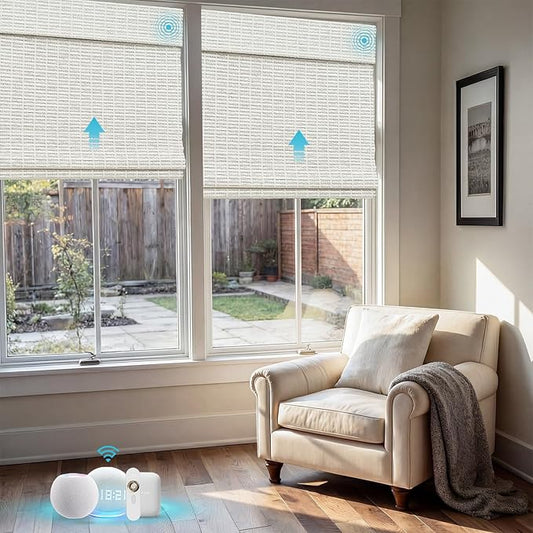 Motorized Bamboo Roman Shades, Motorized Blinds with Remote Compatible with Homekit, Alexa GoogleHome, Smart Wood Woven Shades for Indoor Windows, Customize, Glacier Frame