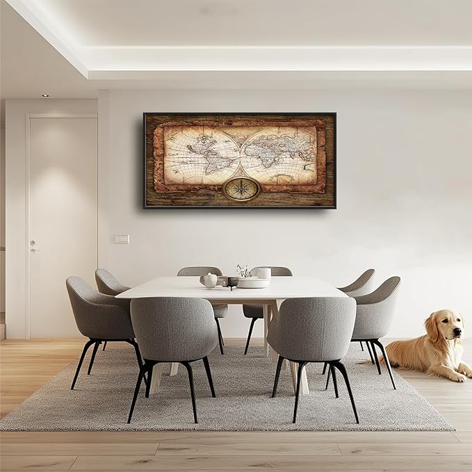 Large World Map Wall Art Vintage Maps Pictures Wall Decor for Office Abstract Farmhouse Oversized Canvas Painting Rustic Extra Large Framed Artwork for Bedroom Living Room Ready to Hang 30"x60"