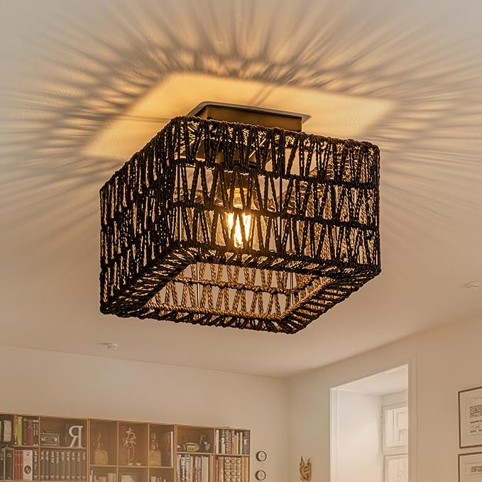 Rpzloila Rattan Ceiling Light, Black Boho Light Fixture, Square Flush Mount Ceiling Light for Bedroom, Hallway, Entryway, Kitchen, Laundry