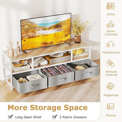 Giantex Dresser TV Stand for 65 Inch TV, Modern Entertainment Center w/Power Outlets, Open Shelf & Fabric Drawers, Television Stands, TV Console Table for Living Room Bedroom (Natural+White)