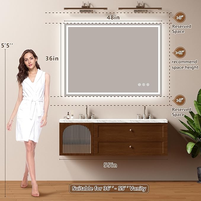 48x36 Inch LED Lighted Bathroom Mirror - Anti-Fog Vanity Mirror with Dimmable Front & Backlit, 3 Color Temp, Smart Memory - Shatterproof HD Glass, IP54 Waterproof Wall Mounted for Makeup Shaving