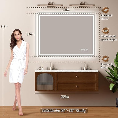 48x36 Inch LED Lighted Bathroom Mirror - Anti-Fog Vanity Mirror with Dimmable Front & Backlit, 3 Color Temp, Smart Memory - Shatterproof HD Glass, IP54 Waterproof Wall Mounted for Makeup Shaving