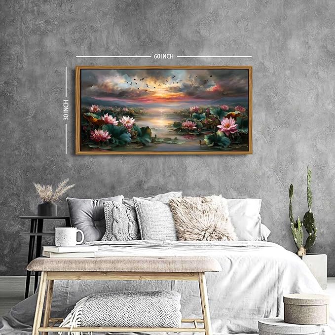 Zen Wall Art Framed Pink Lotus Flower Decor Abstract Blooming Botanical Canvas Prints Vintage Floral Pictures Nature Sunset Pond Landscape Modern Artwork for Bedroom Living Room Home Decoration 30x57.8"
