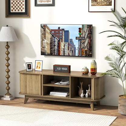 Tangkula Sliding Doors TV Stand for TV up to 55 Inch, Mid Century Modern TV Console Table, Television Cabinet w/ 2 Open Shelves & Sliding Doors, Home Media Entertainment Center for Living Room (Oak)