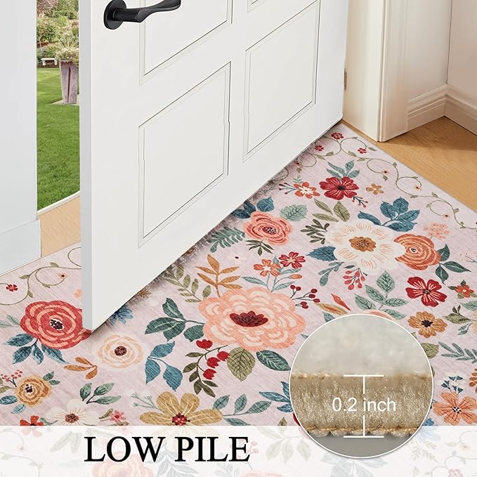 DUKINO 8x10 Area Rug, Floral Rugs for Living Room, Lightweight Non Slip Washable Rug, Indoor Low Pile & Non-Shedding Boho Design Rugs for Bedroom, Living Room, Dining Room, Beige