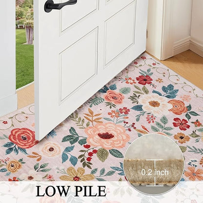 DUKINO Runner Rug, 2x7 Boho Kitchen Rug for Hallways with Low Pile Design, Washable Non Slip Backing Soft Floral Runner for Kitchen, Hallway, Entryway, Bedroom, Laundry, Beige