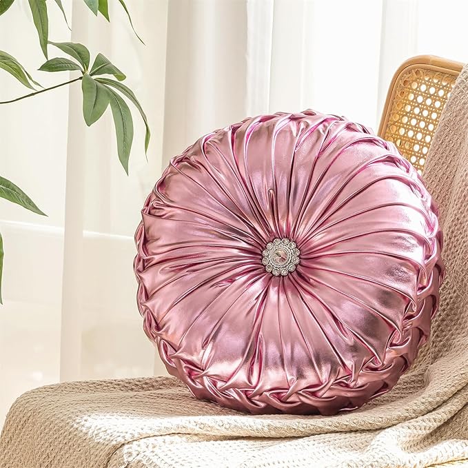 Round Throw Pillows, Soft Spandex Fabric Pumpkin Pleated Handmade Metallic Decorative Throw Pillows Floor Pillows Cushion for Sofa Couch Bedroom Living Room Chair, Pink