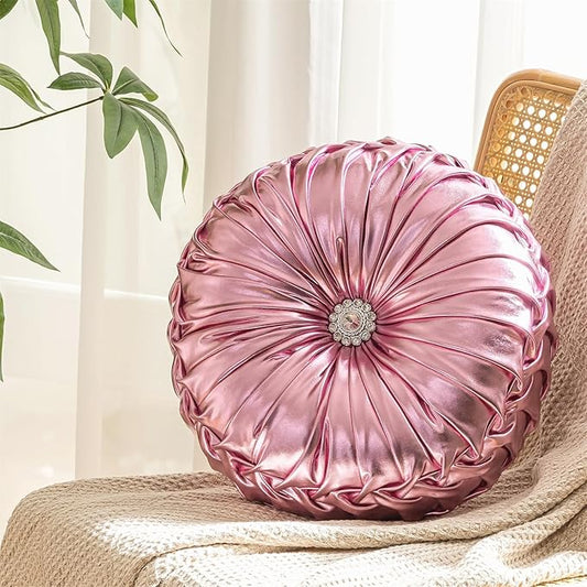 Round Throw Pillows, Soft Spandex Fabric Pumpkin Pleated Handmade Metallic Decorative Throw Pillows Floor Pillows Cushion for Sofa Couch Bedroom Living Room Chair, Pink