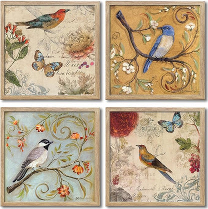 Framed Flowers Birds Canvas Wall Art for Bedroom Floral Wall Decor Butterfly Picture Artwork Vintage Prints Paintings for Bathroom Kitchen Decorations 12"x12"