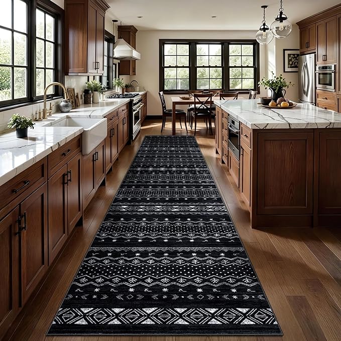 SERISSA Hallway Runner Rug, 2'6"x12' Washable Non-Slip Black and White Runners for Hallways, Soft Low-Pile Boho Geometric Indoor Long Carpet for Kitchen Entryway Laundry Bedroom Bathroom