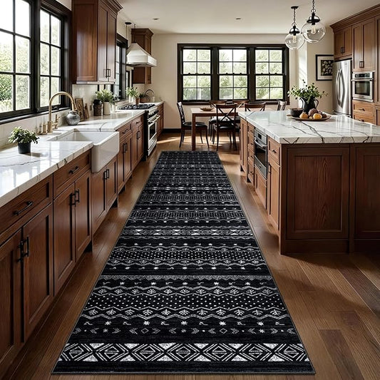 SERISSA Hallway Runner Rug, 2'6"x12' Washable Non-Slip Black and White Runners for Hallways, Soft Low-Pile Boho Geometric Indoor Long Carpet for Kitchen Entryway Laundry Bedroom Bathroom
