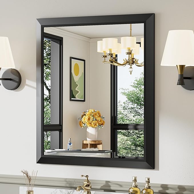 Briivue 28x32 Inch Black Bathroom Mirror for Wall, Thick Metal Framed Rectangle Mirrors for Over Sink, Bedroom, Living Room, Entryway, Anti-Rust, HD Tempered Glass