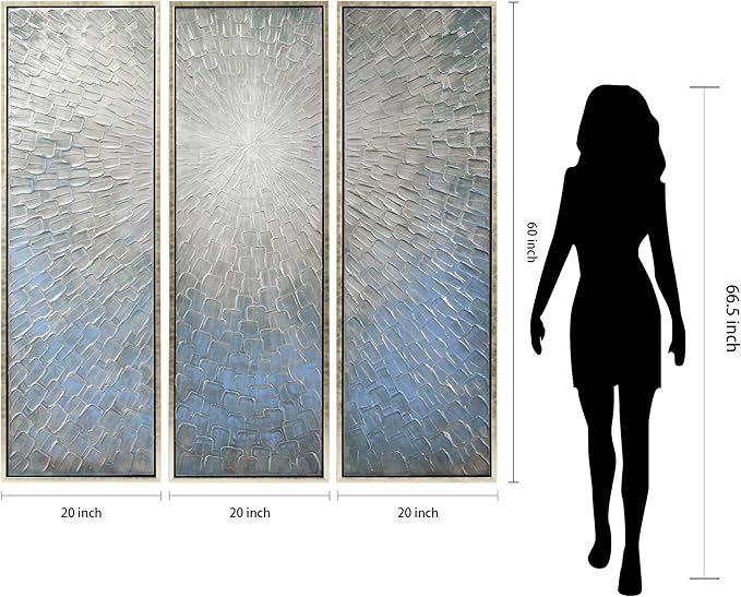 Empire Art Direct Abstract Wall Art Textured Hand Painted Canvas by Martin Edwards, Triptych, 60" x 20" each, Silver Ice