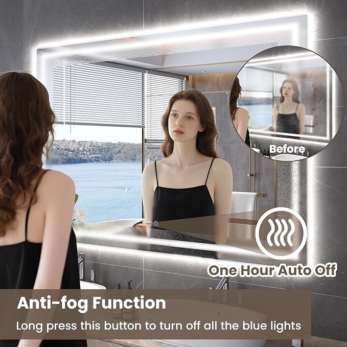 Snowdool 60"X30" LED Bathroom Mirror with Front Lights and Backlit, Anti-Fog, Dimmable, Shatter-Proof Tempered Glass, Lighted Bathroom Vanity Mirror for Wall with 3 Colors, Memory Function