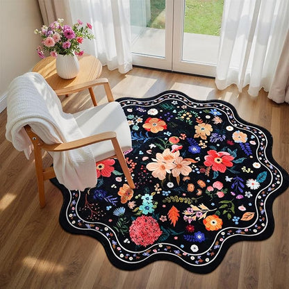 Macgace Black Round Rug for Girls Bedroom, 4ft Machine Washable Floral Area Rugs with Non Slip Backing, Cute Flower Carpet Kitchen Living Room Kids Playroom Decor