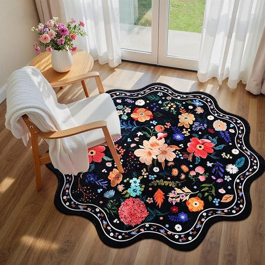 Macgace Black Round Rug for Girls Bedroom, 4ft Machine Washable Floral Area Rugs with Non Slip Backing, Cute Flower Carpet Kitchen Living Room Kids Playroom Decor
