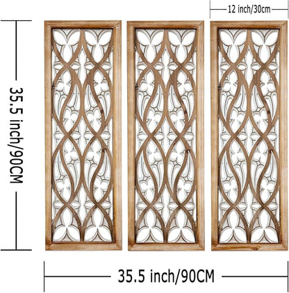 XIAOAIKA Hand Carved Boho Wood Wall Art - Decorative Large Wall Panels, Antique Distressed Wood Sculpture, Elegant Wall Decor Hanging Plaque, Suitable for Gifting (35.5 Inch, 3 Panels)