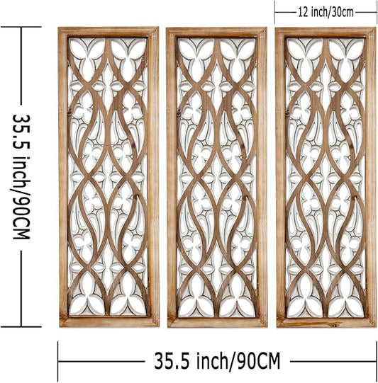 XIAOAIKA Hand Carved Boho Wood Wall Art - Decorative Large Wall Panels, Antique Distressed Wood Sculpture, Elegant Wall Decor Hanging Plaque, Suitable for Gifting (35.5 Inch, 3 Panels)