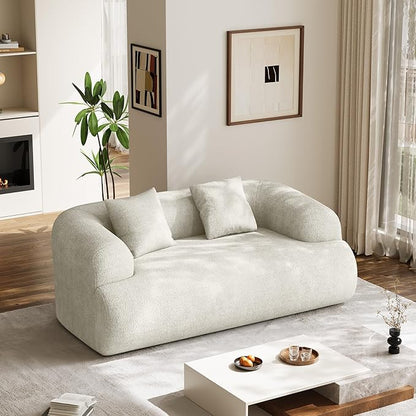 75" Boneless Cloud Loveseat, Modern Cute Curved Chenille Sofa, 2 Seater Compression Couch with 2 Pillows, No Assembly Required for Apartment Living Room, Beige White