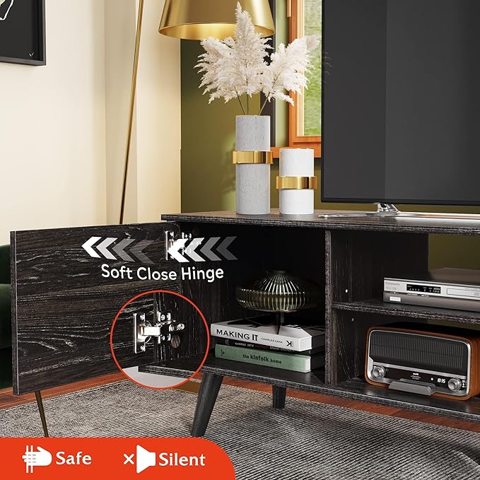 WLIVE Mid-Century Modern TV Stand for 55/60 Inch TV, Entertainment Center with Storage & Adjustable Shelves, Media Console with Soft-Close Cabinets for Living Room/Bedroom, Dark Black