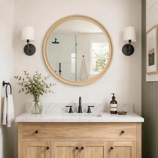CULER Round Wall Mirrors 24 Inch,Natural Rustic Decorative Transitional Mirror with Wood Grain Frame for Wall,Farmhouse Hanging Vanity Mirror for Bathroom Bedroom Living Room or Entryway