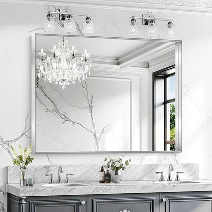 CIRCUMI Silver Bathroom Mirror, 36"x48" Rectangular Mirror with Deep Metal Frame, Brushed Finish, Tempered Glass, Large Mirror for Wall, Over 2 Sinks, Installed Vertically/Horizontally, Crystal-Clear