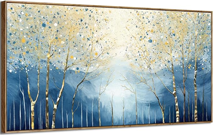 Extra Framed Modern Living Room Wall Art. Abstract Landscape Canvas Print Picture, Blue And Yellow Plant And Forest Artwork For Offices, Studies, Bedrooms, Dining Rooms, And Lounges. 58X29 Inches.