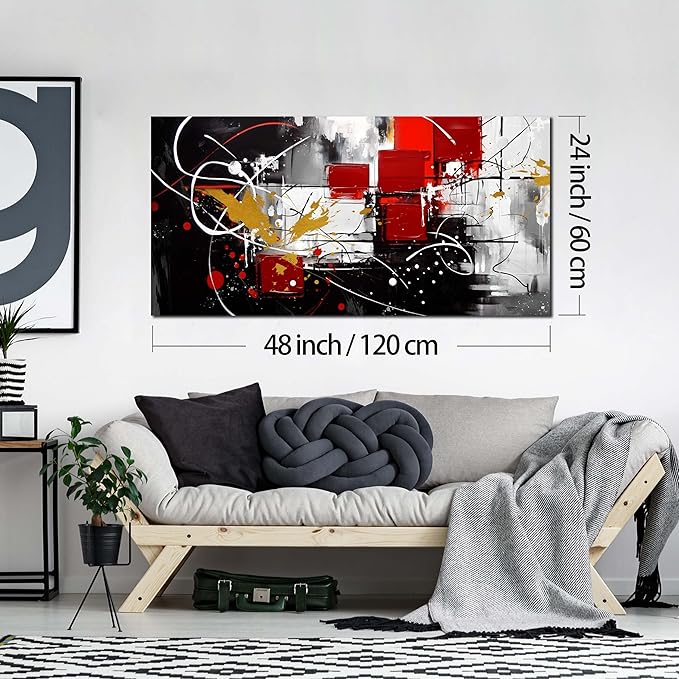 ANCXWOTER Abstract Wall Art for Living Room Black Canvas Wall Art Modern Grey Red Line Artwork for Bedroom Office Home Decor Canvas Prints 24x48 Inch