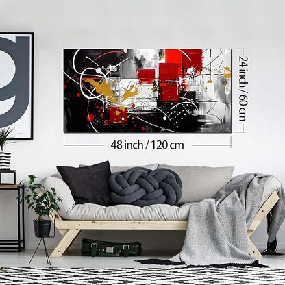 ANCXWOTER Abstract Wall Art for Living Room Black Canvas Wall Art Modern Grey Red Line Artwork for Bedroom Office Home Decor Canvas Prints 24x48 Inch