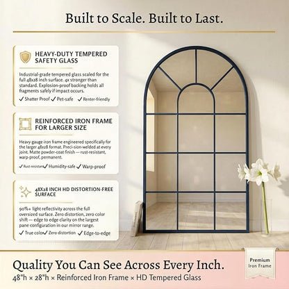 Blue Framed 48x28Inch Arched Window Pane Mirror| Arched Mirrors for Wall & Floor | Arch Mirror Full Length for Entryway Living Room & Bedroom | Oversized Mirrors | Wall Art Decorative |Farmhouse