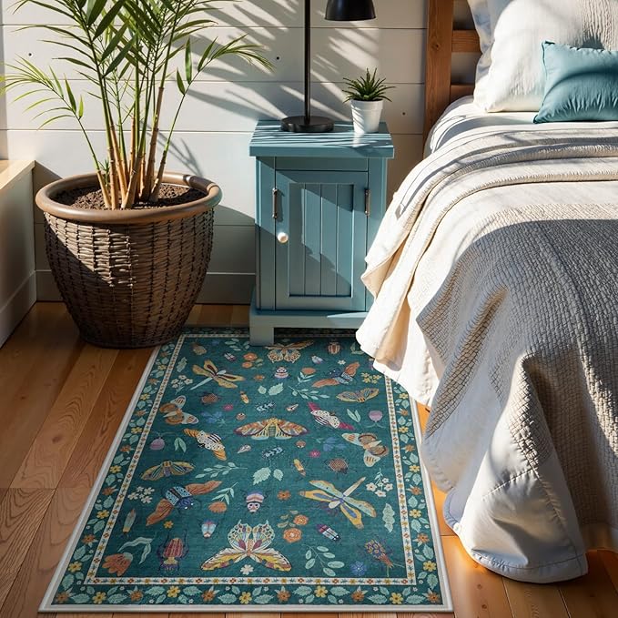 Lahome Insect Washable Small Area Rug, 3x5 Area Rug for Bedroom Living Room, Non-Slip Soft Accent Throw Carpet for Kitchen Office Entryway Bathroom Office Vionnet, Dark Green