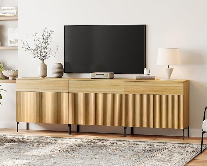 WAMPAT Fluted TV Stand TVs up to 100 inch, 94.5" W Modern TV Entertainment Center with Storage Cabinets and 3 Drawers & 6 Doors, Wood Media TV Console Table with Storage for Living Room, Oak
