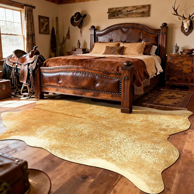 Cowhide Rug for Living Room, Washable Cow Hide Rug, Large Faux Animal Skin Rugs, Non-Slip Cow Print Area Rugs, 8x10Ft Large Cowhide Rugs for Bedroom Office Kitchen Fireplace, Khaki