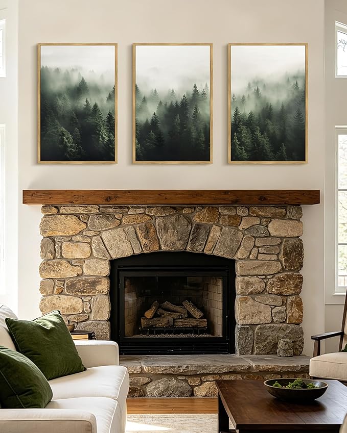 PHOPAGO Green Fog Pine Tree Framed Wall Art Large 16x24in Nature Misty Nordic Forests Artwork Morden Paints for Living Room Home Office Decor - Natural Framed