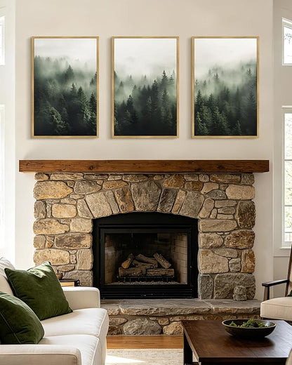PHOPAGO Green Fog Pine Tree Framed Wall Art Large 16x24in Nature Misty Nordic Forests Artwork Morden Paints for Living Room Home Office Decor - Natural Framed