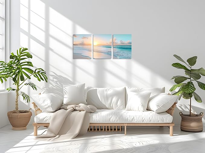 TutuBeer 3 Panels Beach Pictures Wall Art Beach Canvas Wall Art Ocean Pictures Seascape Paintings Coastal Picture Framed Artwork for Bathroom Living Room Office Home Decor Each Panel 16" x 24"