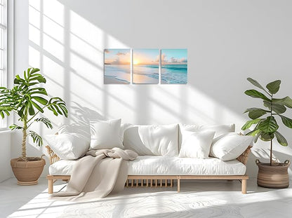 TutuBeer 3 Panels Beach Pictures Wall Art Beach Canvas Wall Art Ocean Pictures Seascape Paintings Coastal Picture Framed Artwork for Bathroom Living Room Office Home Decor Each Panel 16" x 24"
