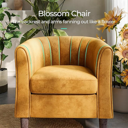 LINSY Accent Chair Set of 2, Velvet Barrel Chair with Ottoman, Modern Comfy Small Armchair for Small Spaces Reading Room Living Room Bedroom Kids Room Office, Yellow