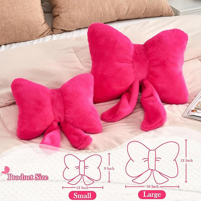 XVTRU Hot Pink Bow Pillow, Soft Bow Decorative Pillows with Faux Rabbit Fur, Cute 16" Bow Throw Pillows, Aesthetic Home Decor Bow Shaped Plush Pillow for Bedroom Sofa Couch